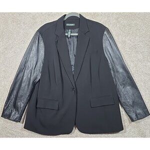 Lauren Ralph Lauren Blazer Wool Blend Black Leather Sleeves Lined Women's 22W